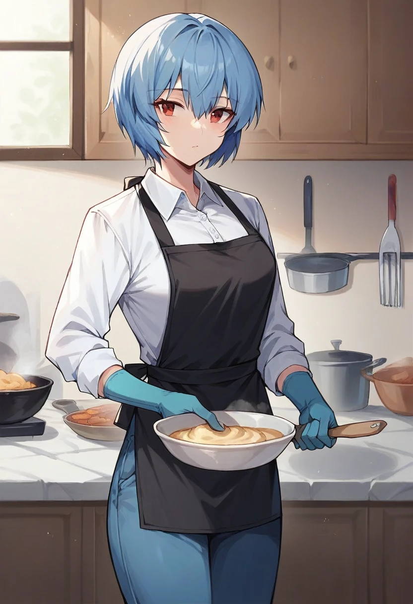 1girl, rei ayanami, ((((blue half elbow gloves)))), (white shirt), ((long sleeves)), (black apron), (pants), looking at viewer, standing, ((cooking)), solo