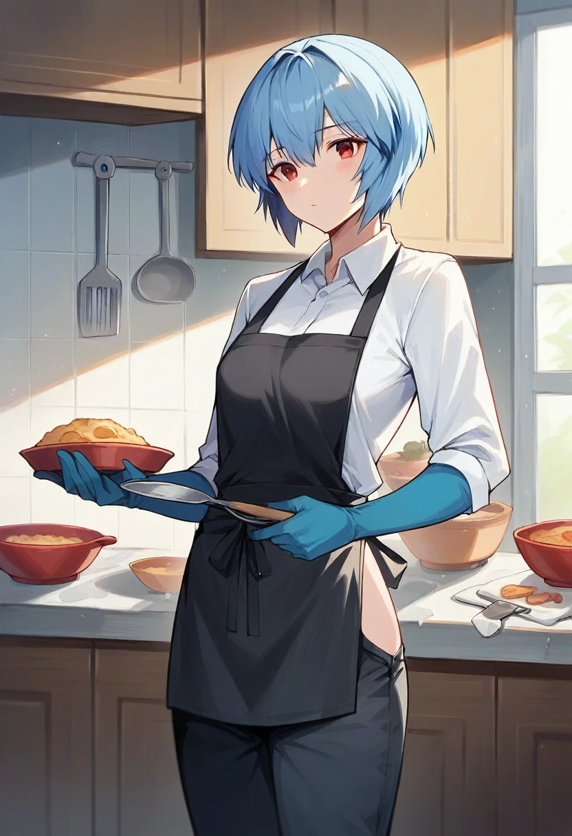 1girl, rei ayanami, ((((blue half elbow gloves)))), (white shirt), ((long sleeves)), (black apron), (pants), looking at viewer, standing, ((cooking)), solo 

