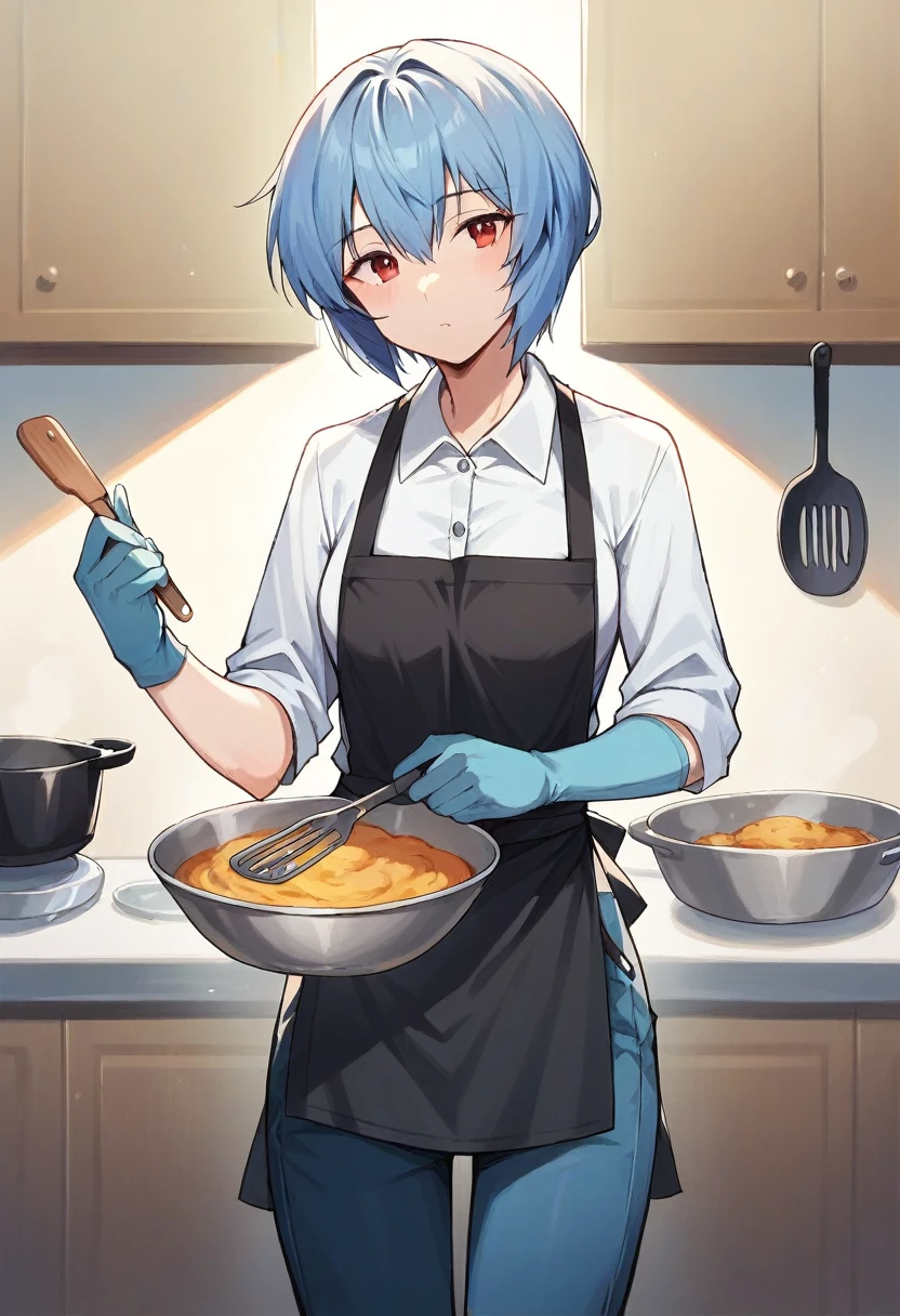 1girl, rei ayanami, ((((blue half elbow gloves)))), (white shirt), ((long sleeves)), (black apron), (pants), looking at viewer, standing, ((cooking)), solo
