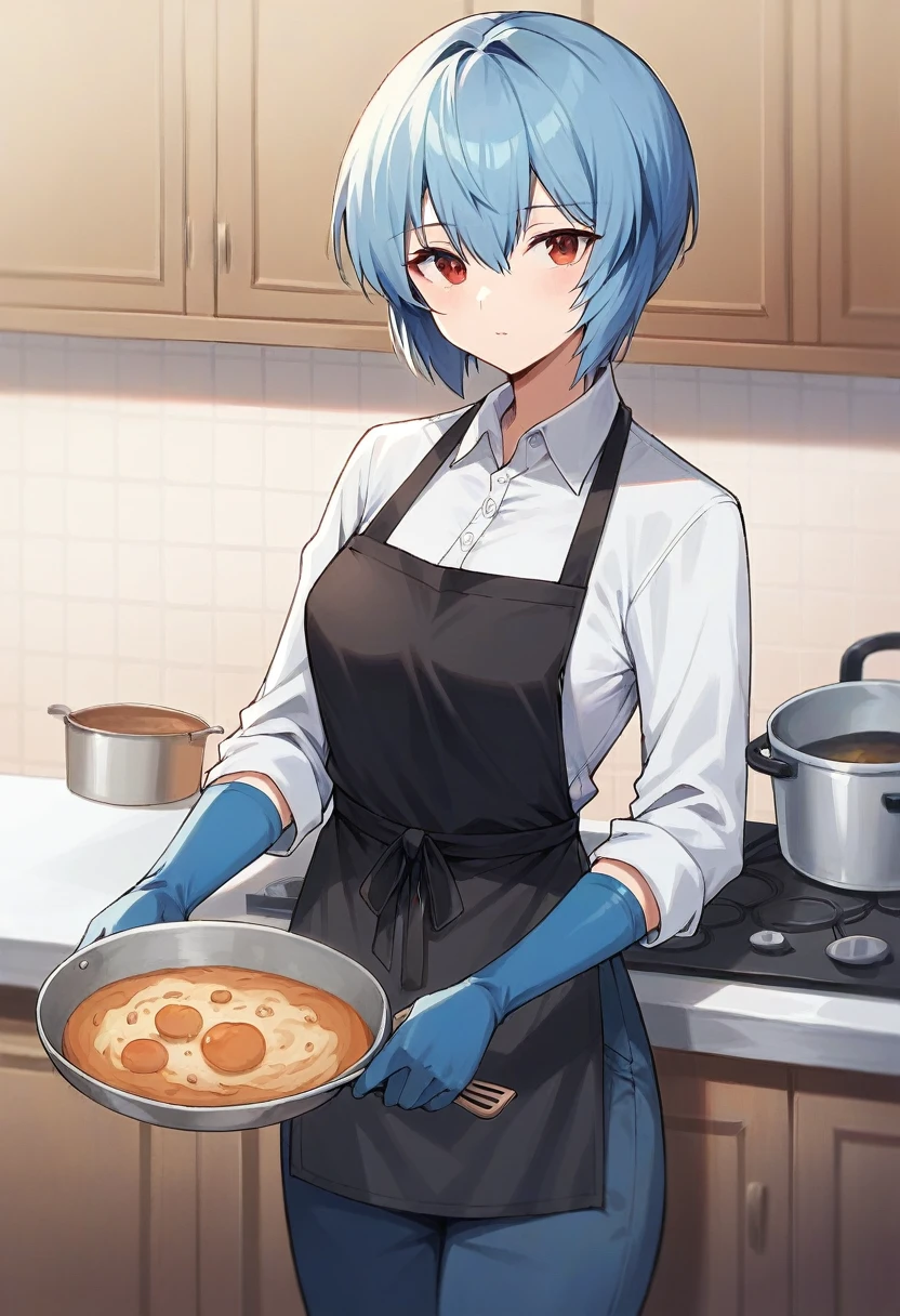 1girl, rei ayanami, ((((blue half elbow gloves)))), (white shirt), ((long sleeves)), (black apron), (pants), looking at viewer, standing, ((cooking)), solo