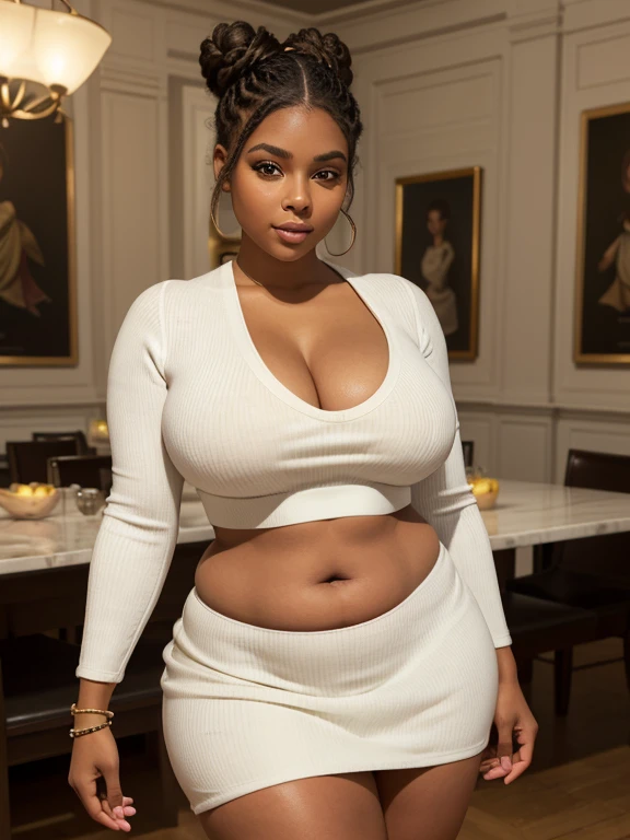 Beautiful sensual and erotic woman with curvy body, cheveux longs et noirs, frange, (double bun), ((big curvy body,)), Taille la plus large, thick, beaux seins bien ajustés, Curved Accented Loot, detailed sparkling olive green eyes, les yeux sont vert olive, long cils, sourire sensuel, cuisses thickses, sourit avec incertitude à la caméra, ((wearing a white wool knited crop top, plaited mini skirt, O-chest, )), museum, bracelet, photorealistic, chef-d'artwork, Bokeh, volumetric lighting, ambiance sensuelle, Full body view, smile, (big ass),