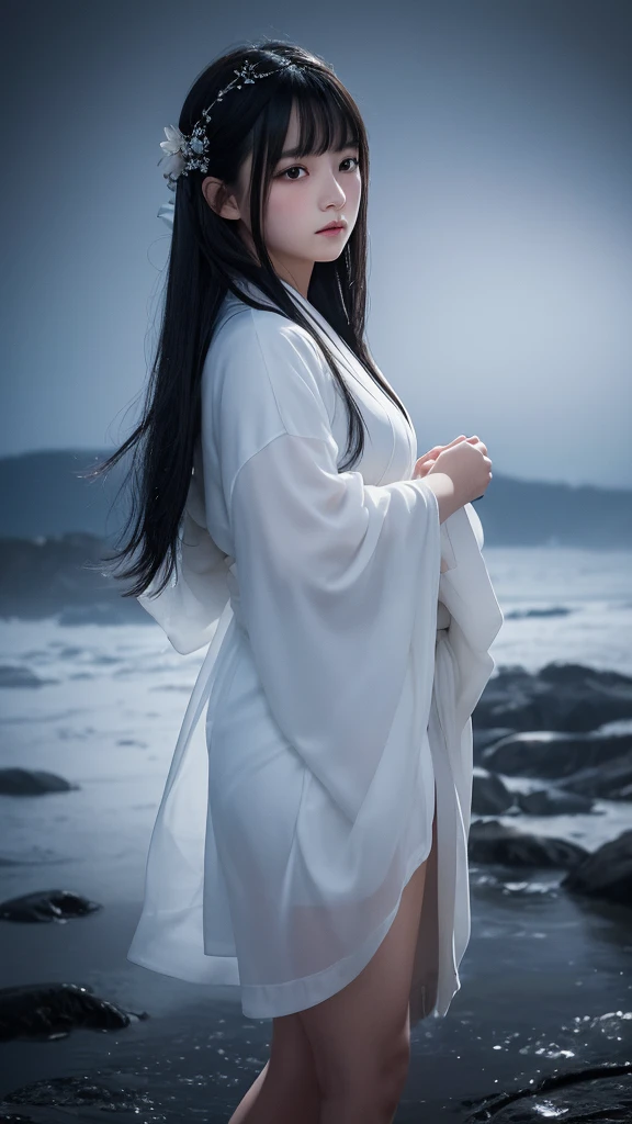 Delicate and dainty young woman with long glossy black hair. She is wearing a white only short thigh-baring kimono. The background is a fantastic and ethereal night sky with a heavy snowstorm. Her expression is stern and atmospheric. 10 years old.