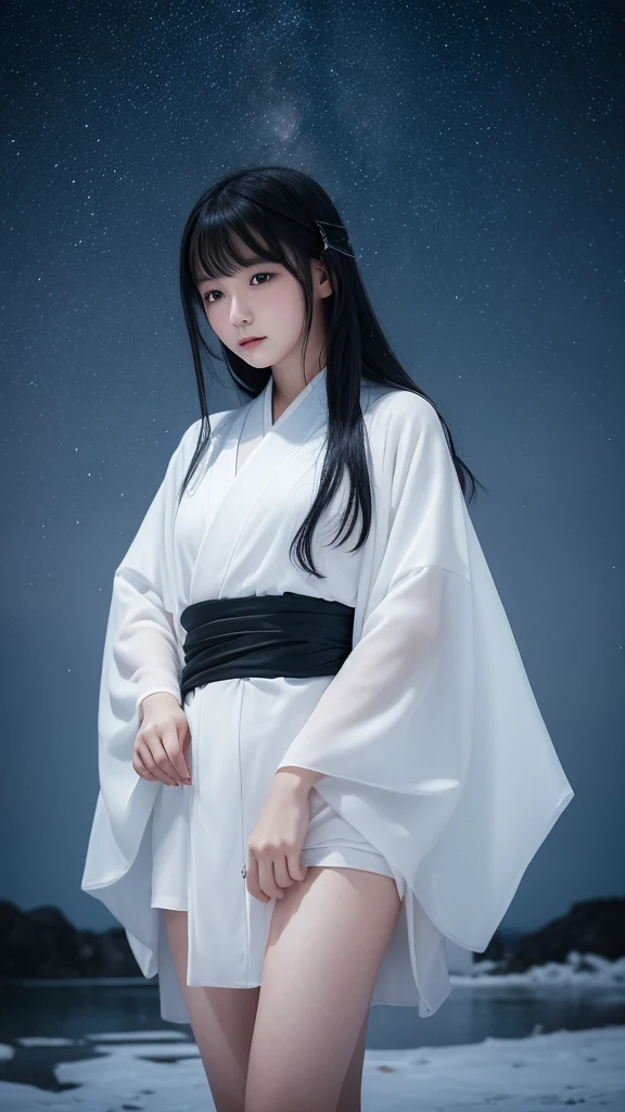 Delicate and dainty young woman with long glossy black hair. She is wearing a white only short thigh-baring kimono. The background is a fantastic and ethereal night sky with a heavy snowstorm. Her expression is stern and atmospheric. 10 years old.