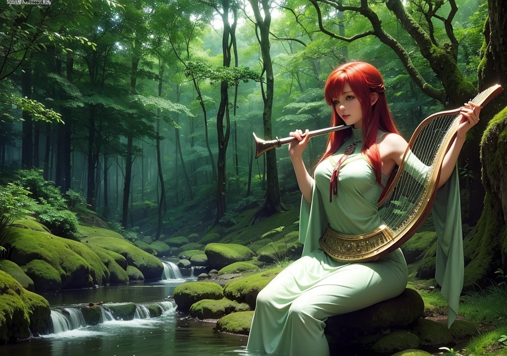 Beautiful girl playing the harp in a celtic forest
A beautiful redhead girl sits on a mossy stone in a lush ancient forest and plays a silver harp. In the background, there is a mysterious mist and soft light filtering through the trees.