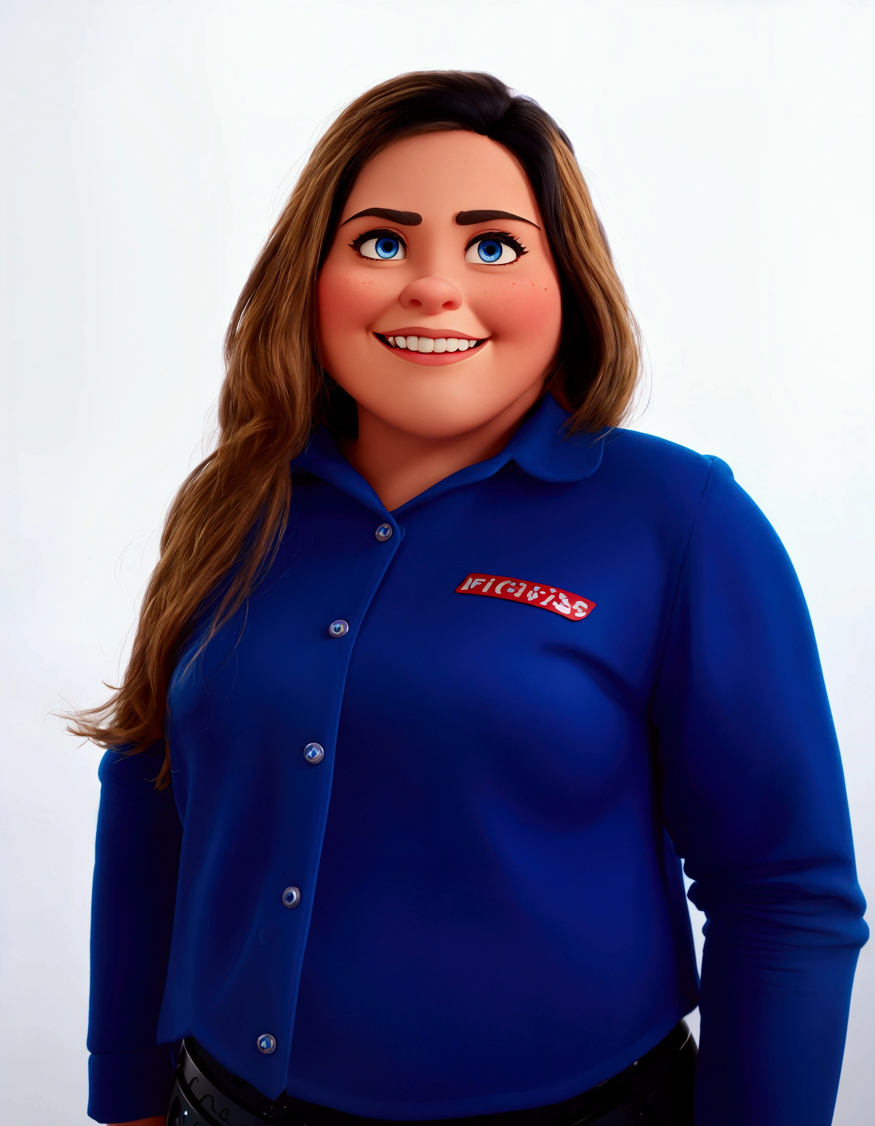 a disney pixar style woman, with blue suit, eyes black, holding a reporter microphone, high qualiy, best qualityer 