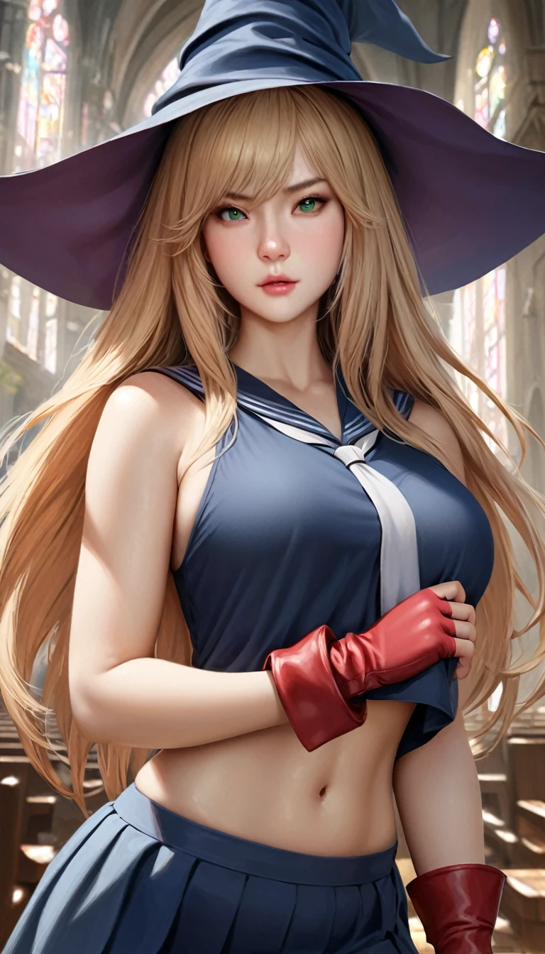 animetoreal,soft light, masterpiece, best quality,high quality,delicate face, realistic,photorealistic,1girl,,dark_magician_girl, yu-gi-oh!, 1girl, bare_shoulders, blonde_hair, green_eyes, large_breasts, long_hair, witch_hat,, blue_sailor_collar, blue_skirt, crop_top, fingerless_gloves, gloves, red_gloves, ribbon, miniskirt,,in a church,cathedral,floating_hair,