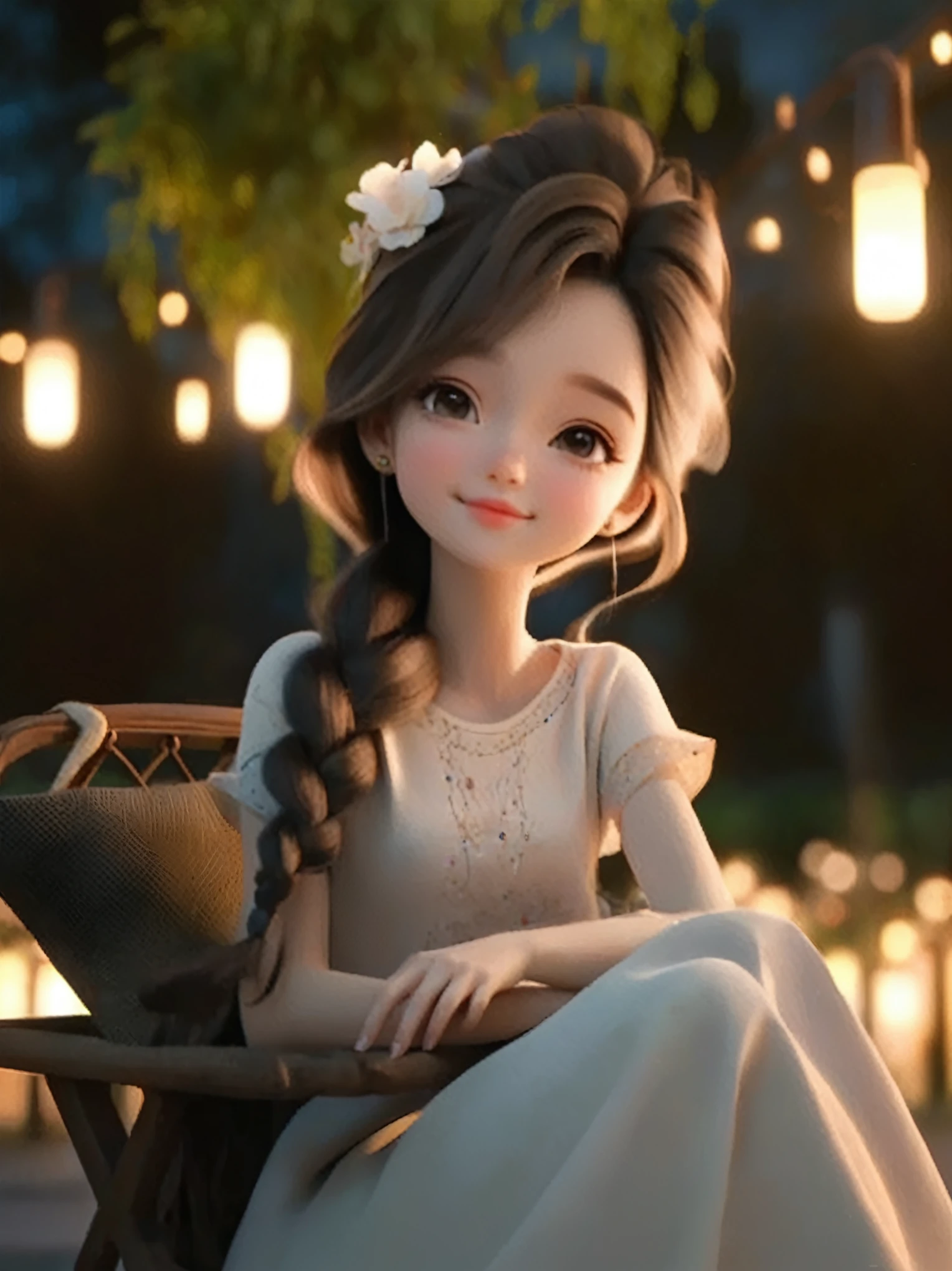 Close-up of a girl sitting on a bench and holding a camera, Lovely and detailed digital art, Cute numbers艺术, artwork in the style of Gu Weiss, Cute numbers, Gu Weiss, Cute anime girl, Realistic cute girl, Cute cartoon characters, Realistic anime 3D style, Anime style. 8K, Lovely portrait, Kawaii realistic portrait, Beautiful digital artwork
