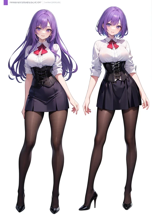 Purple Hair,voluminous long hair,Adult female,((Roll up your sleeves)),(corset),(skirt),(High heels),((Simple white background)),smile,((whole body)),((full body))