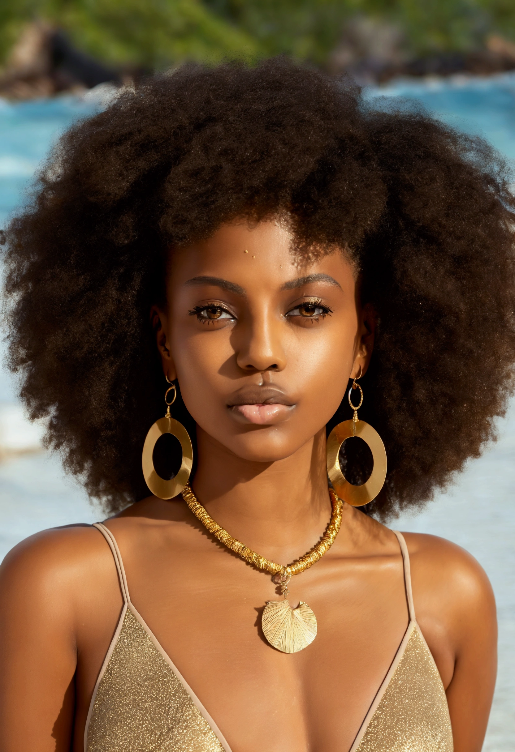 A 20-year-old black Brazilian woman, showing off her entire naked body, with large, firm breasts, exuding confidence and elegance. Her breathtaking afro is the focal point, framing her large, expressive eyes and long lashes. She wears minimalist, natural makeup, sporting flawless nude lipstick that complements her relaxed yet chic style. She accessorizes with elegant gold hoop earrings and a delicate necklace, embodying refined sophistication. The setting is a paradisiacal beach, where she has sex with two men, she is on her knees in the sand, sucking one of them and being penetrated from behind by the other, the soft and natural lighting accentuates her radiant brown skin.