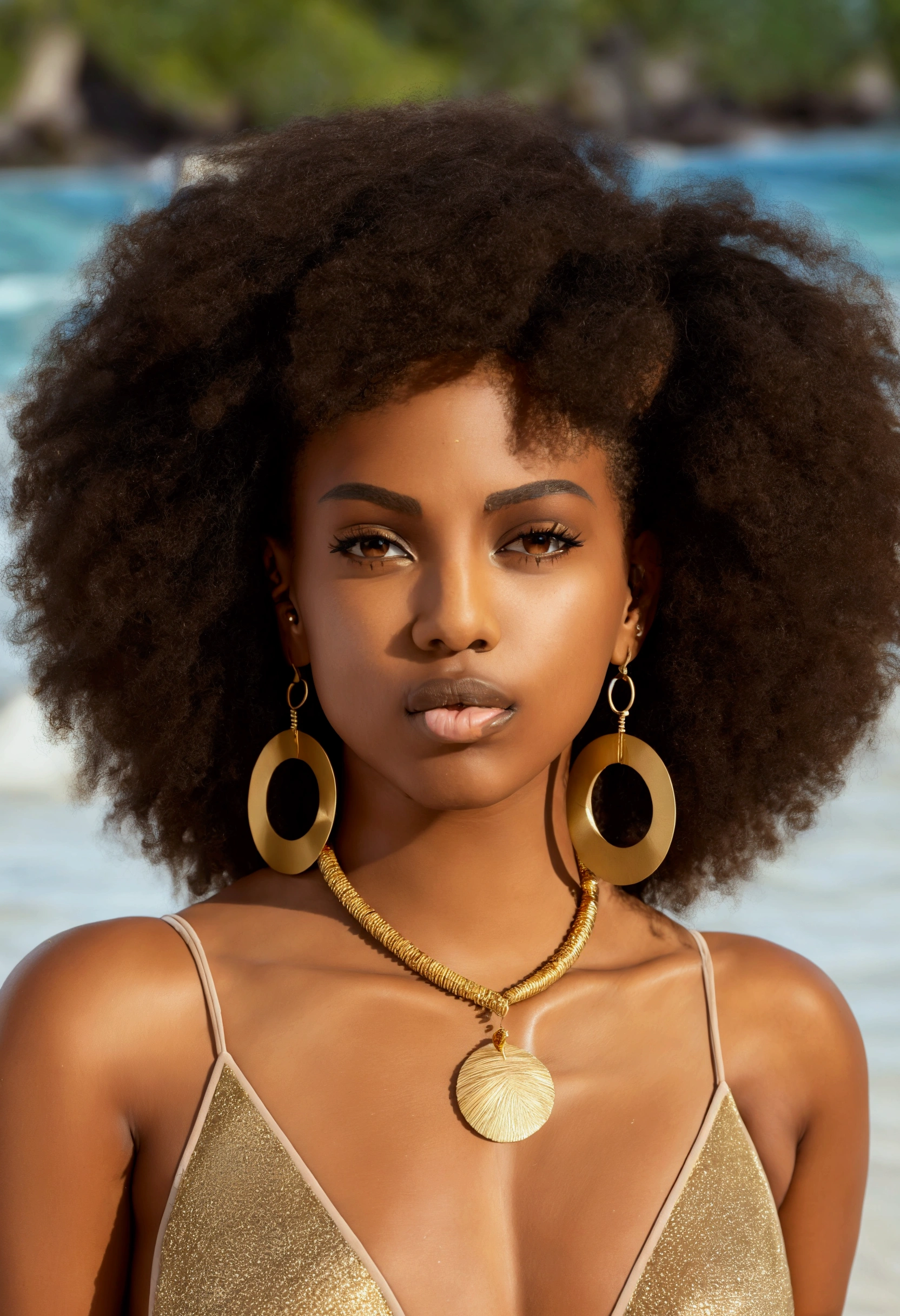 A 20-year-old black Brazilian woman, showing off her entire naked body, with large, firm breasts, exuding confidence and elegance. Her breathtaking afro is the focal point, framing her large, expressive eyes and long lashes. She wears minimalist, natural makeup, sporting flawless nude lipstick that complements her relaxed yet chic style. She accessorizes with elegant gold hoop earrings and a delicate necklace, embodying refined sophistication. The setting is a paradisiacal beach, where she has sex with two men, she is on her knees in the sand, sucking one of them and being penetrated from behind by the other, the soft and natural lighting accentuates her radiant brown skin.