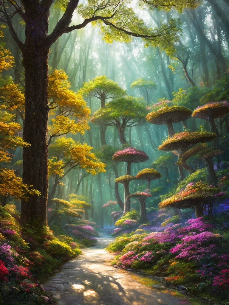 masterpiece, best quality, high quality,extremely detailed CG unity 8k wallpaper, An enchanting and dreamy scene of a fantasy forest, with towering trees, glowing mushrooms, and hidden fairy glens, creating a sense of mystique and enchantment, artstation, digital illustration, intricate, trending, pastel colors, oil paiting, award winning photography, Bokeh, Depth of Field, HDR, bloom, Chromatic Aberration ,Photorealistic,extremely detailed, trending on artstation, trending on CGsociety, Intricate, High Detail, dramatic, art by midjourney