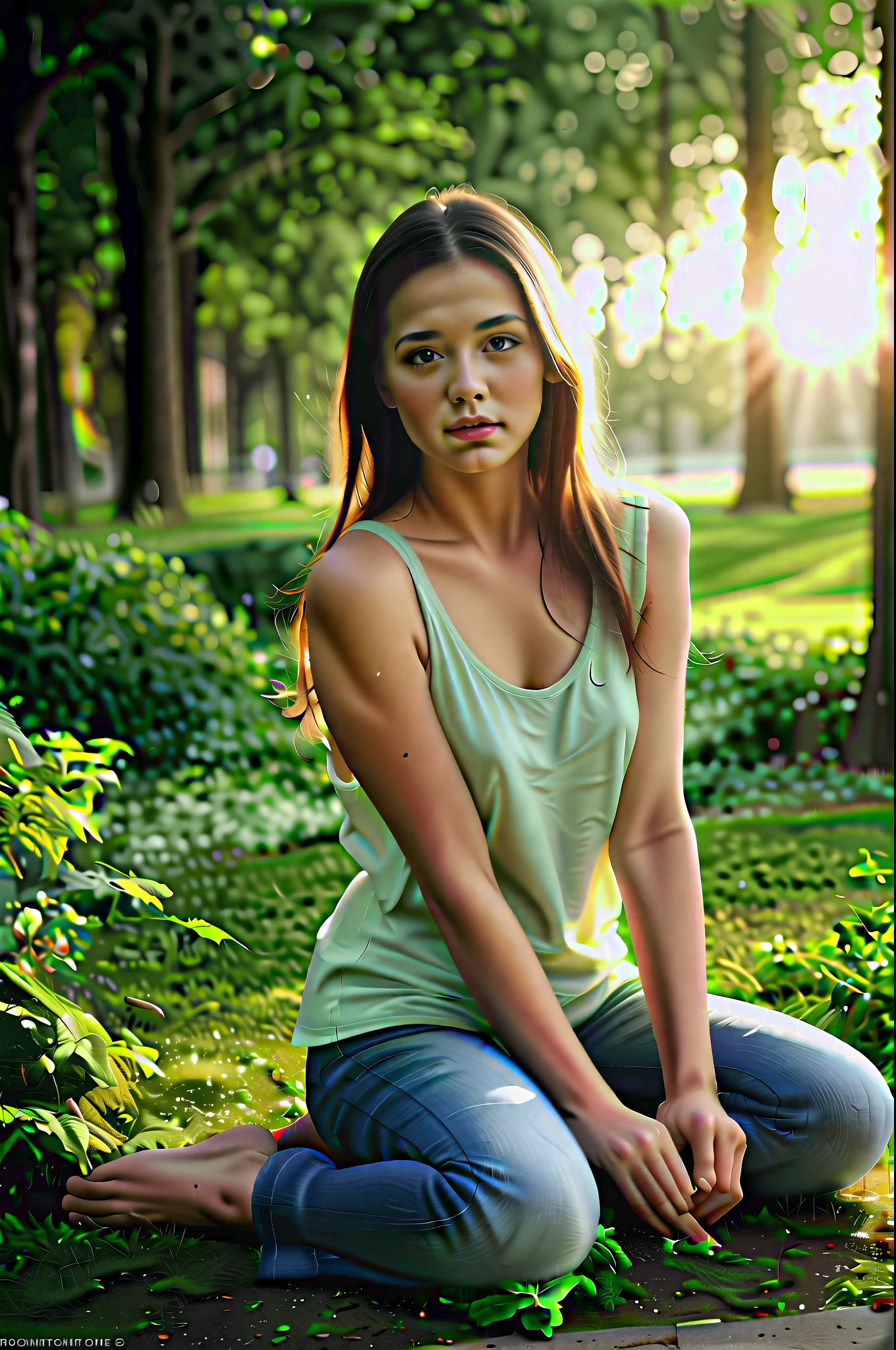 1girl, loose oversized tank top, cutoff jeans low rise ultra short, barefoot, park, beautiful detailed eyes, beautiful detailed lips, extremely detailed face and eyes, long eyelashes, photorealistic, 8k, ultra-detailed, masterpiece, studio lighting, professional, vibrant colors, natural lighting, warm golden hour lighting, lush green foliage, sun-dappled, peaceful, serene, idyllic, tranquil