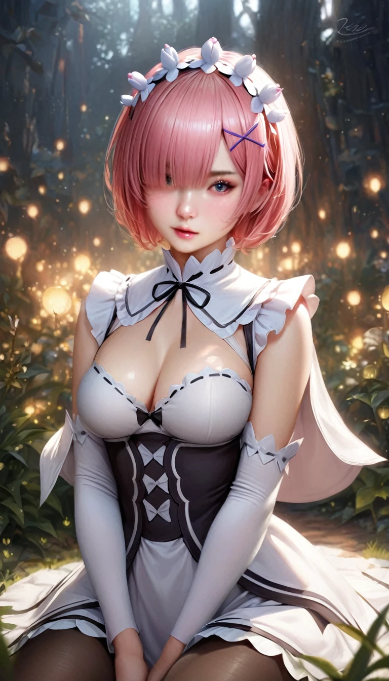 animetoreal,soft light, masterpiece, best quality,high quality,delicate face, realistic,photorealistic,1girl,,ram_(re:zero), re:zero_kara_hajimeru_isekai_seikatsu, 1girl, pink_hair, short_hair, hair_over_one_eye, x_hair_ornament, maid_headdress, breasts,,white_capelet, capelet, long_sleeves, shirt, striped_clothes, striped_shirt, pantyhose,,in garden,glowing stardust frontground,fantasy,sparkling,fireflies,