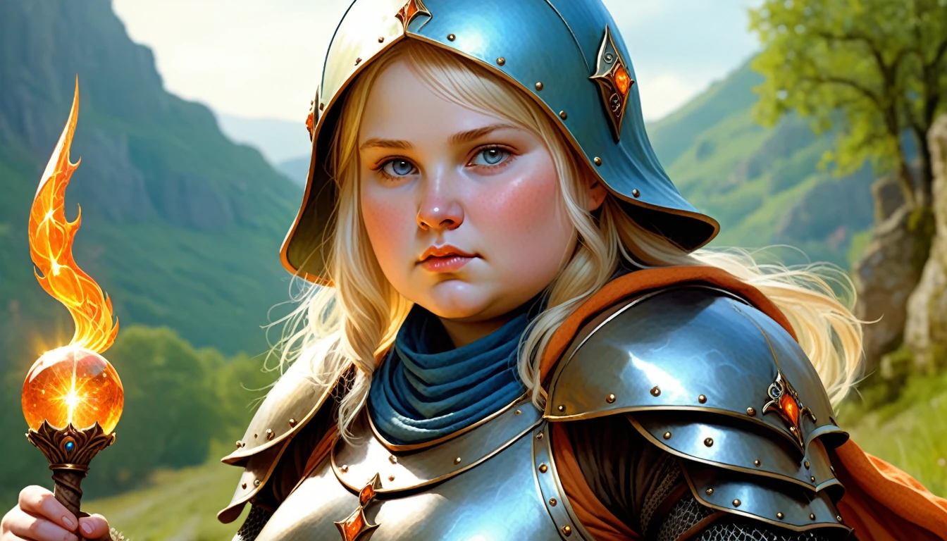 Highly detailed, UHD, 32k, medieval fantasy, drawn by British illustrator Warwick Goble. a 21 years old blond human female chubby villager, she is not beautiful, her face is dull and plain, she is clad in a bluish metal shining plate armor, on her head she is wearing a blackish metal helmet with orange accents, and in her right hand she is holding a magical staff. At the top of the staff there is a magical crystal that emits flames. Behind her is the army of her kingdom, ready for battle