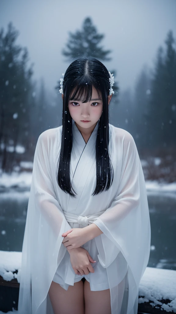 Delicate and dainty young woman with long glossy black hair. She is wearing a white only short thigh-baring kimono. The background is a fantastic and ethereal night sky with a heavy snowstorm in the snow. Her expression is stern and atmospheric. .