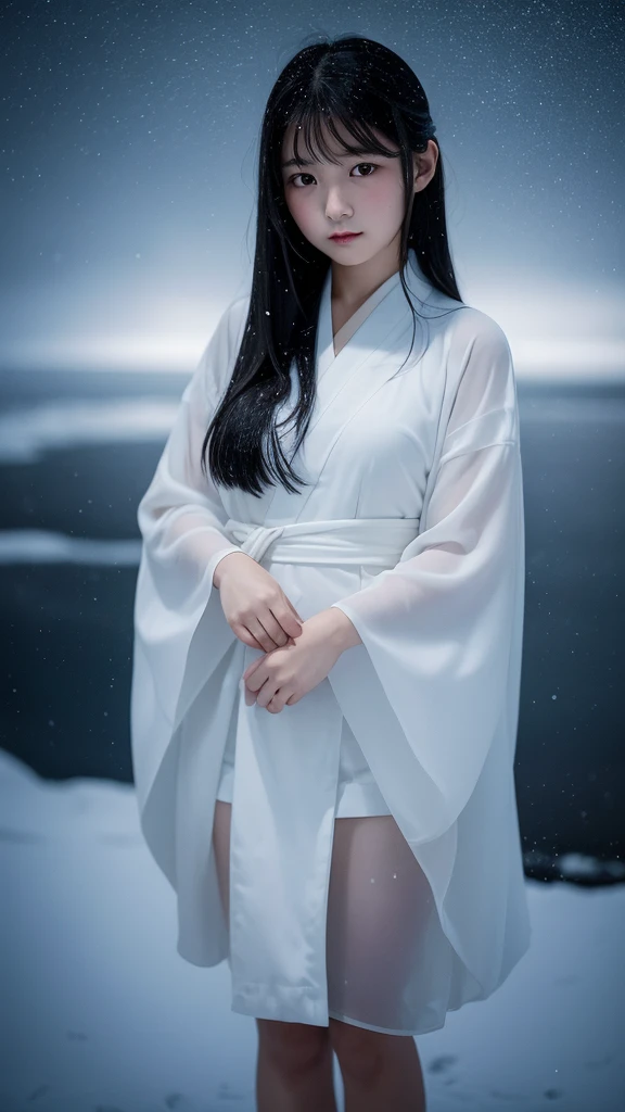 Delicate and dainty young woman with long glossy black hair. She is wearing a white only short thigh-baring kimono. The background is a fantastic and ethereal night sky with a heavy snowstorm in the snow. Her expression is stern and atmospheric. 10 years old.