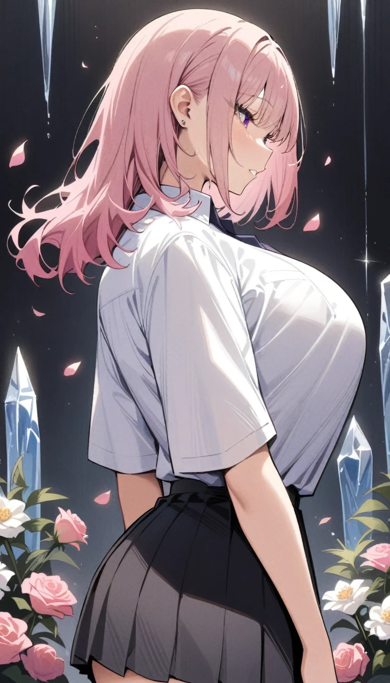 masterpiece, best quality, very aesthetic, absurdres, newest,1girl,1boy, huge tit, pleated skirt, shirt tucked in, tented shirt,Pastel pink hair,hair behind ear,rose,dark_background, flower, ice_flower, icicle,,surrounding by flowers,falling_petals, petals,,from behind