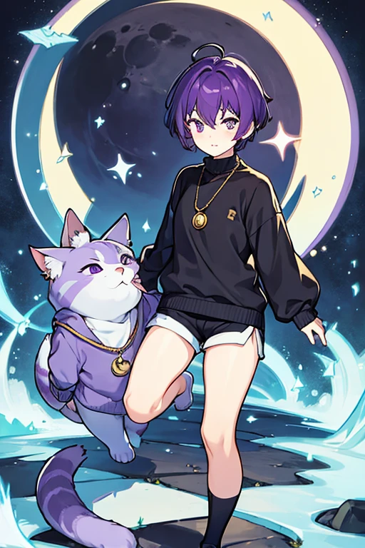 man, gay, short hair bank, purple cat sweater, moon necklace, shorts negros