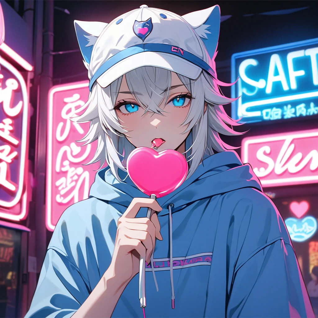 (best qualityer) ((work of art)) 4K Full HD (Aesthetic), a boy, Cao Cao, slim, Short and Straight White Hair, sapphire eyes, He wears a white cap with horizontal blue stripes and cat ears., light blue sweatshirt, cute details, pink background with sweets, Licking a Pink Heart Lollipop, looking at the camera, Neon lights, Single Male, Expression of Despondency, neon pink, violent look, striking eyes.