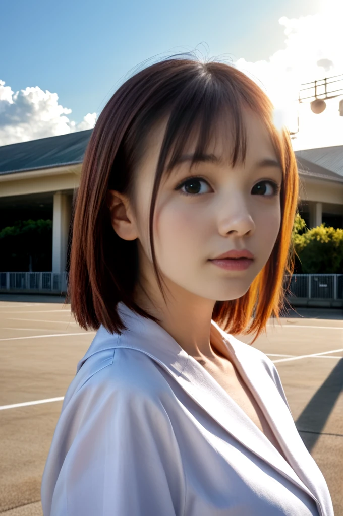 1girl, Japanese , campus, beautiful detailed eyes, beautiful detailed lips, extremely detailed face, long eyelashes, school grounds, sakura trees, cloudy sky, sunlight, detailed architecture, photorealistic, 8k, highres, masterpiece, ultra-detailed, hyper-realistic, vibrant colors, natural lighting, cinematic composition