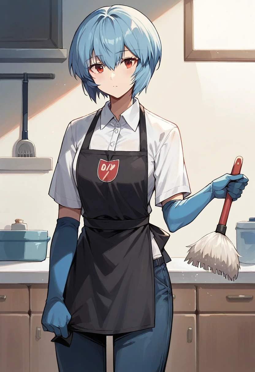 1girl, rei ayanami, ((((blue half elbow gloves)))), (white shirt), ((long sleeves)), (black apron), (pants), looking at viewer, standing, ((cleaning)), solo