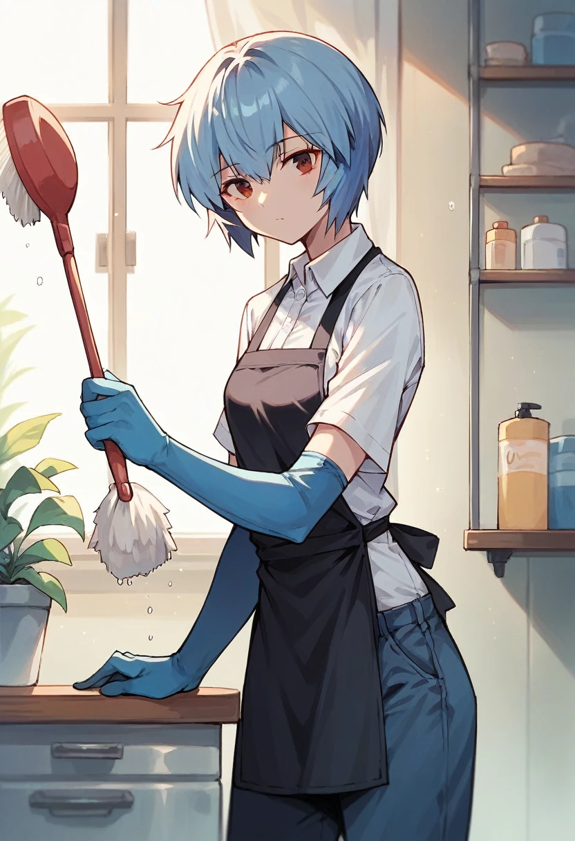 1girl, rei ayanami, ((((blue half elbow gloves)))), (white shirt), ((long sleeves)), (black apron), (pants), looking at viewer, standing, ((cleaning)), solo