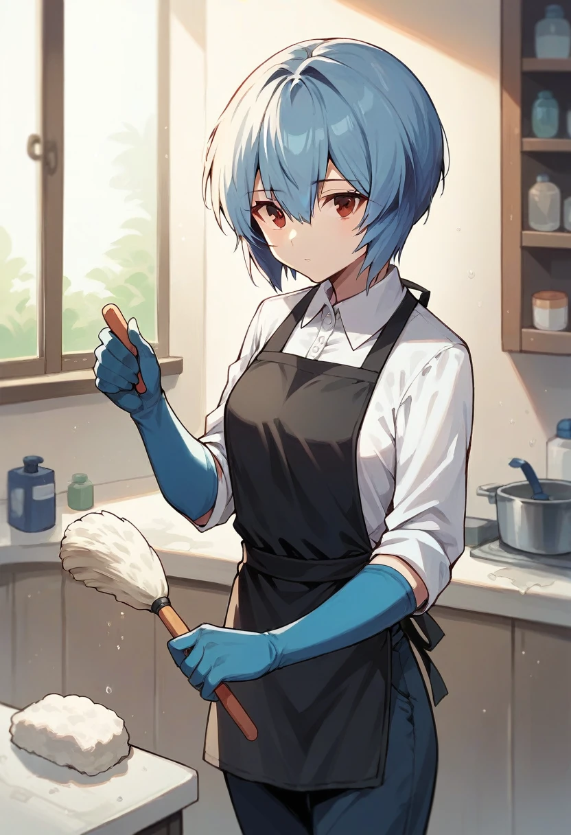 1girl, rei ayanami, ((((blue half elbow gloves)))), (white shirt), ((long sleeves)), (black apron), (pants), looking at viewer, standing, ((cleaning)), solo 

