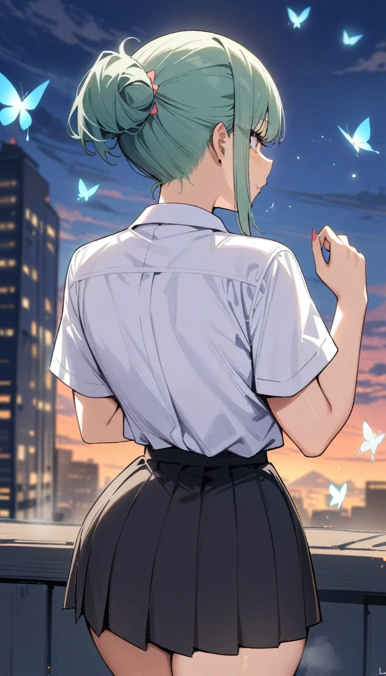 masterpiece, best quality, very aesthetic, absurdres, newest,1girl,1boy, huge tit, pleated skirt, shirt tucked in, tented shirt,Turquoise hair,half updo/updo,on the rooftop of a tall building,luminous butterflies, fluttering butterflies,from behind