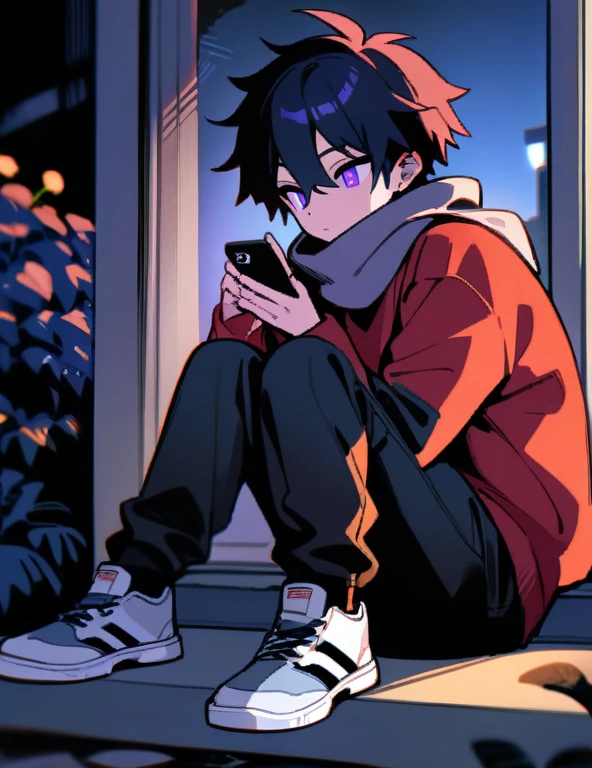 1 boy, (masterpiece), best quality, high quality, 1 hybrid demon teenager, male focus, tall, dark blue hair, purple eyes, gray scarf, red sweatshirt with black sleeves, black pants, black and white sneakers, sitting in the garden of his house at night, sending messages on his cell phone to his girlfriend, sfw