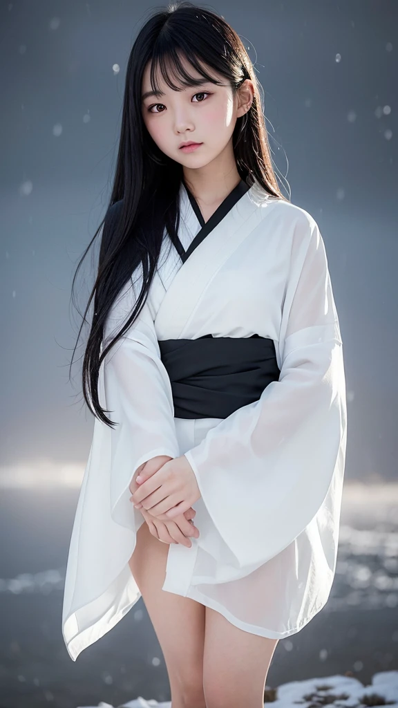 Delicate and dainty young woman with long glossy black hair. She is wearing a white only short thigh-baring kimono. The background is a fantastic and ethereal night sky with a heavy snowstorm in the snow. Her expression is stern and atmospheric. .
