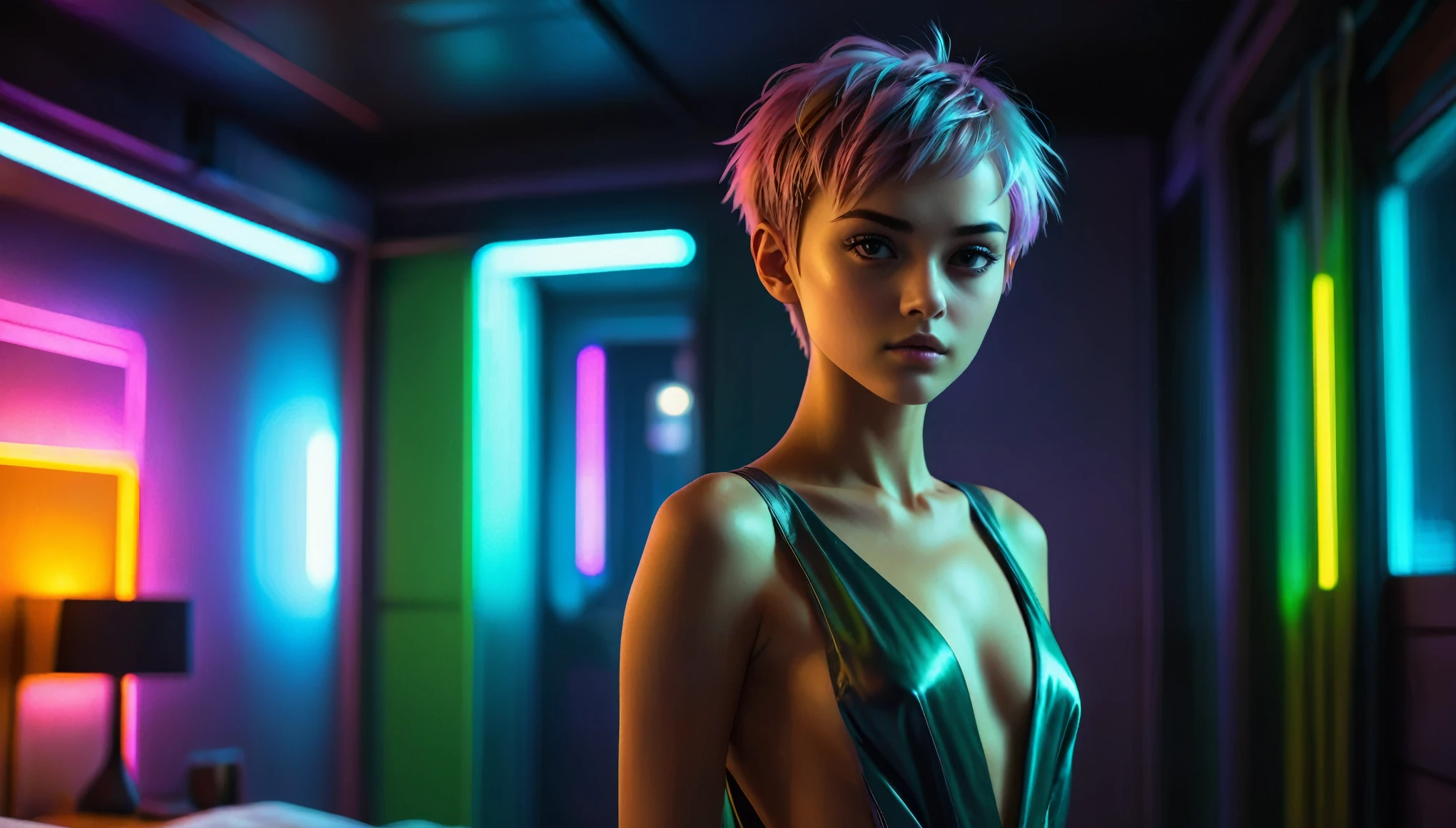 Top Quality, Masterpiece, High Resolution, 8k, (((cute barely legal girl in oversized silky babydoll with plunging neckline, wide neckline, deep neckline, small perky ???????, beautiful detailed eyes, beautiful detailed lips, small closed mouth, extremely detailed face, pale skin, random short hair style, straight hair, short pixie cut hair, small ????, in cyberpunk apartment, next to bed))), moody atmosphere, dramatic and random neon colors, futuristic setting, intricate details, at night, backlit, random neon color, full body shot, view from distance, ???? standing pose，full-body portraits