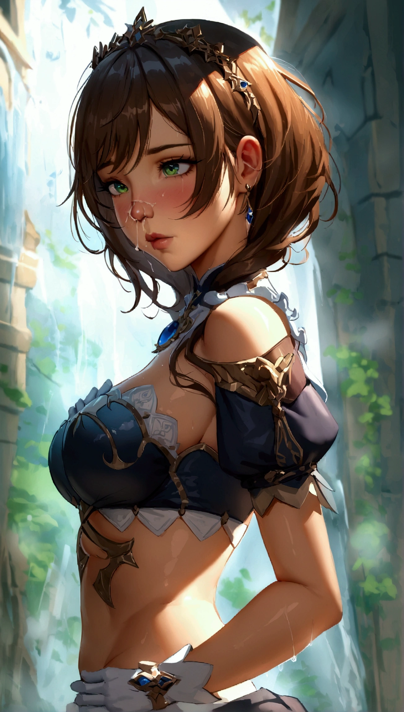 (masterpiece, Best quality, 8 thousand., Sharp Focus, depth of field, BEST SHADOWS, Perfect light, HDR, realistic skin texture, ultra-detailed background, detailed), anime style, genshin impact, Lisa Minchey, young woman, ung woman, Brown hair curled at the ends to the shoulder blades, green eyes, beautiful eyes, Perfect eyes, expressive eyes, beautiful nose, medium breast, beautiful breasts, hirobasin, slave, fat body, thick legs, Thick arms, fat belly, fat ass,  cold, runny nose, sneezes, Covers nose with hands, standing, full length, Full body.