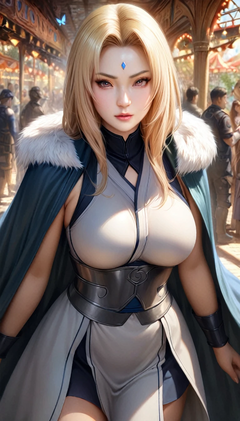 animetoreal,soft light, masterpiece, best quality,high quality,delicate face, realistic,photorealistic,1girl,,tsunade_(naruto), 1girl, blonde_hair, brown_eyes, breasts, large_breasts, long_hair, forehead_jewel,,armor, armored_dress, blue_cape, blue_dress, blue_ribbon, breastplate, cape,dress, faulds, fur-trimmed_cape, fur_trim, gauntlets,long_sleeves,,in an amusement_park,luminous butterflies, fluttering butterflies,