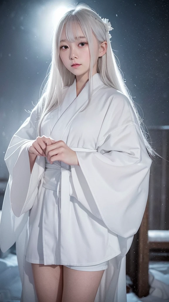 Delicate and dainty young woman with long glossy white hair. She is wearing a white only short thigh-baring kimono. The background is a fantastic and ethereal night sky with a heavy snowstorm in the snow. Her expression is stern and atmospheric. 10 years old.