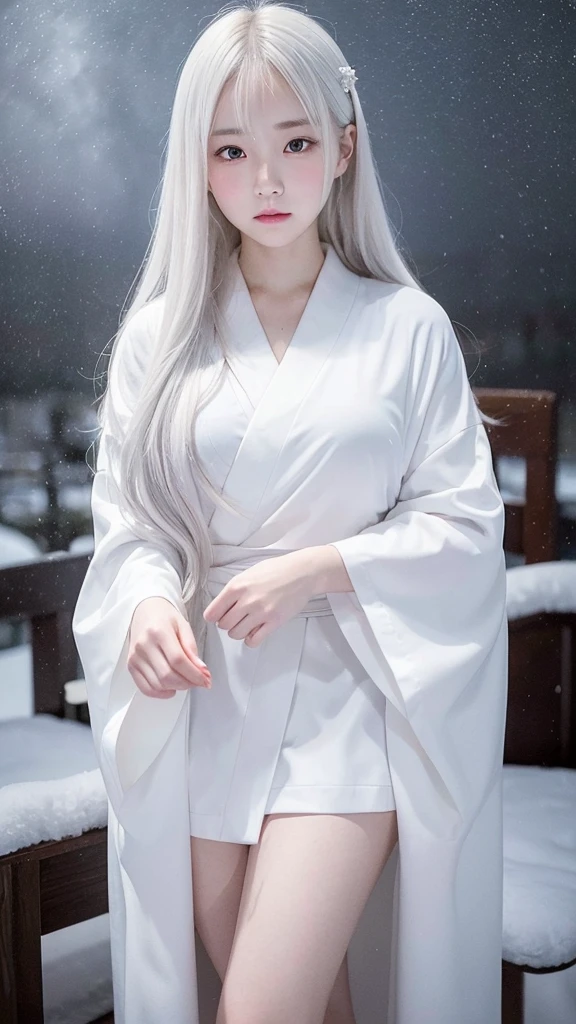 Delicate and dainty young woman with long glossy white hair. She is wearing a white only short thigh-baring kimono. The background is a fantastic and ethereal night sky with a heavy snowstorm in the snow. Her expression is stern and atmospheric. .