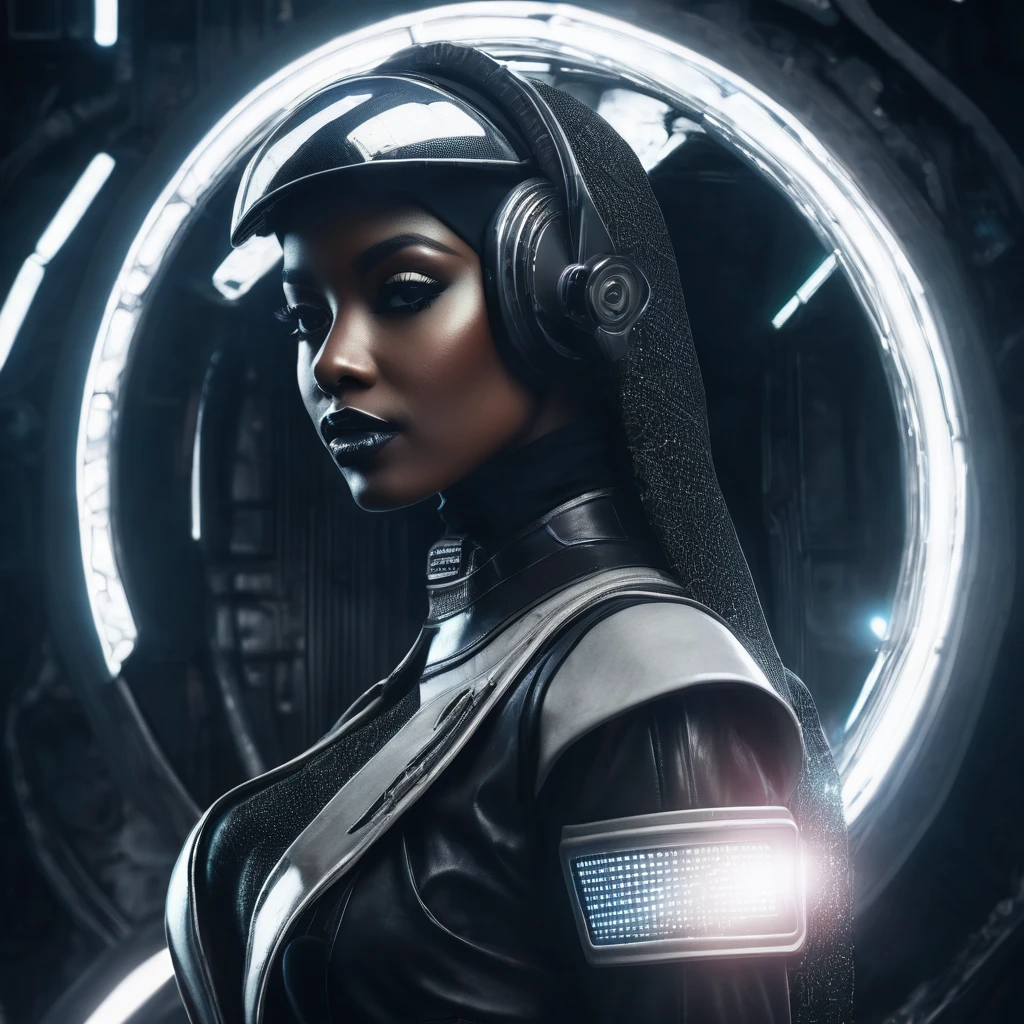 (Model with techno headgear)++, AfroFuturistic 3D hi-tech design, Nigerian and West African influences, retro air hostess look, mesh veil over eyes, android cybergirl, Blade Runner 2077 style, LED lights glowing, black and white undiscovered shiny material, asymmetrical shape on the side of her head. (Nightclub setting within a damaged, abandoned spaceship on the planet Tatooine), sparse, hi-tech lighting, model gazing into the distance with a happy expression, photorealistic, high detail, ultra-realistic, 8k sharp focus.