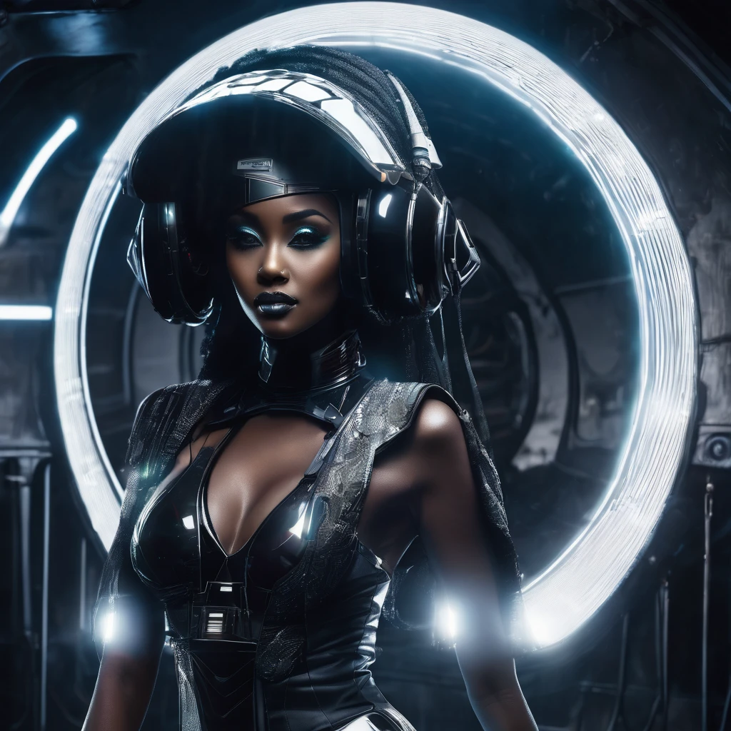 (Model with techno headgear)++, AfroFuturistic 3D hi-tech design, Nigerian and West African influences, retro air hostess look, mesh veil over eyes, android cybergirl, Blade Runner 2077 style, LED lights glowing, black and white undiscovered shiny material, asymmetrical shape on the side of her head. (Nightclub setting within a damaged, abandoned spaceship on the planet Tatooine), sparse, hi-tech lighting, model gazing into the distance with a happy expression, photorealistic, high detail, ultra-realistic, 8k sharp focus.