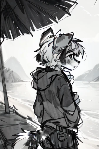 (((Monochrome, sketch,))), High quality, 8K, by kenket, by swaybat, by reysi, by Zackary911, by hyattlen, by teranen, by fumiko, by Pixelsketcher, by Bayard Wu, by Einshelm, by Kilinah, by Hioshiru, by fluff-kevlar, by Dimwitdog, Furry, Anthro, solo, ((australian shepard)), ((female)), ((young)), (fluffy tail,) ((slender)), ((short white hair)), chest fluff, short, casual, panties, hoodie, sad, depressed, skinny, skinny thighs, staring at the ocean, beach, profile, standing