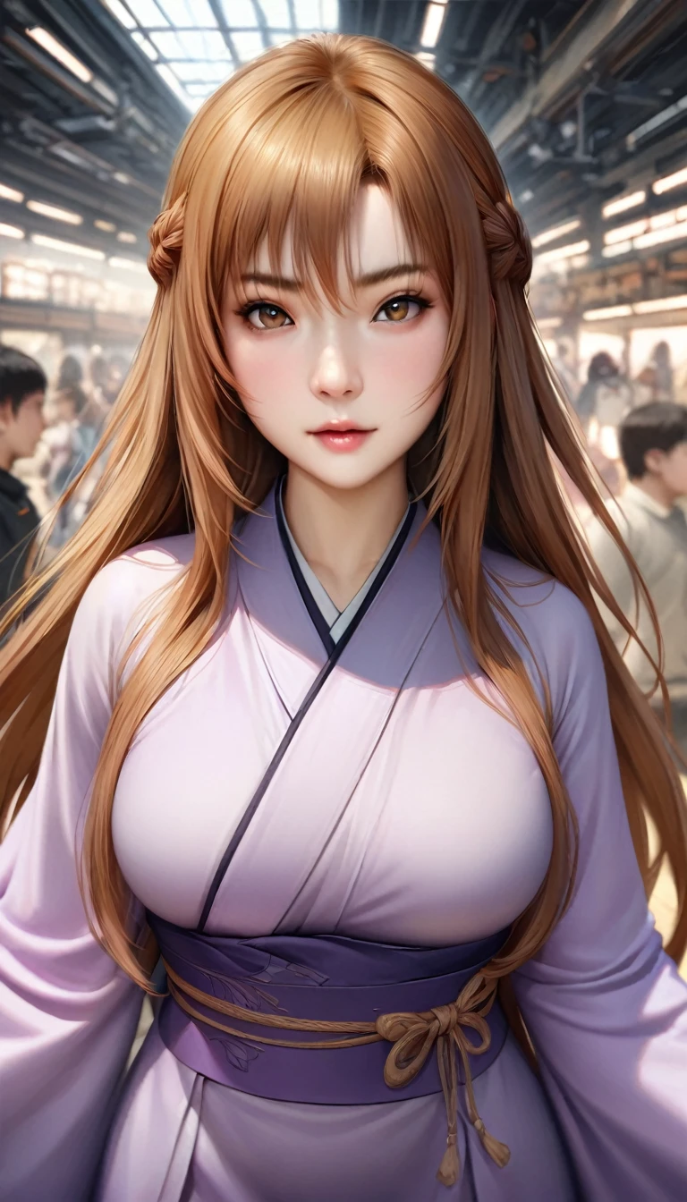 Extreme face close up,Random pose,One girl,(Highly detailed skin),Curvy,,Beautiful breasts,Large Breasts,Pale skin,Pointed Chest,Erect nipples,(Fantasy art,Best image quality,Surreal portrait,(8K),Ultra-realistic,最high quality, high quality, High resolution, high quality texture,High detail,Beautiful details,Fine details,Highly detailed CG,Detailed Texture,Realistic facial expression,masterpiece,Presence,dynamic,bold),(Very thin hair),(Super soft hair),(Super Straight Hair),Long, slicked bangs,Very light coppery amber hair,Hair on one eye,kimono