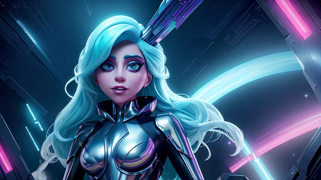 Lady Gaga, using his iconic and extravagant style. She must be in a futuristic setting, with a stunning costume full of metallic and holographic details. Her expression should be confident and powerful, with artistic makeup that highlights your eyes. The background must have neon elements and geometric shapes, creating a futuristic and electrifying atmosphere.