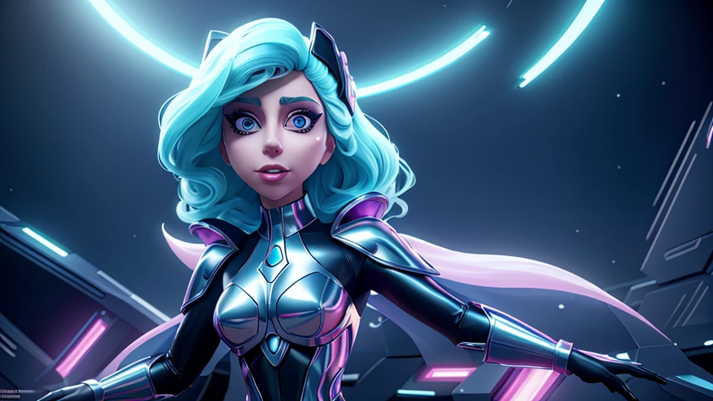 Lady Gaga, using his iconic and extravagant style. She must be in a futuristic setting, with a stunning costume full of metallic and holographic details. Her expression should be confident and powerful, with artistic makeup that highlights your eyes. The background must have neon elements and geometric shapes, creating a futuristic and electrifying atmosphere.