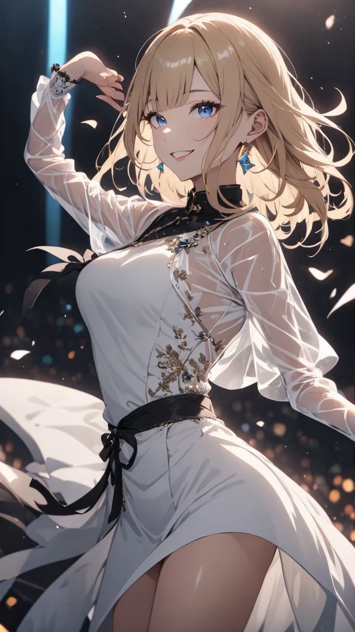 highest quality, masterpiece, best quality, 1 girl, solo,
BREAK
dramatic lighting, glowing, glowneon, moonlight, Silhouette,
BREAK
Idol stage, glow sticks
BREAK
Dancing, smile 
BREAK
blue eyes, medium hair, blonde hair:1.5, straight hair, white long dress, see-through sleeve, 