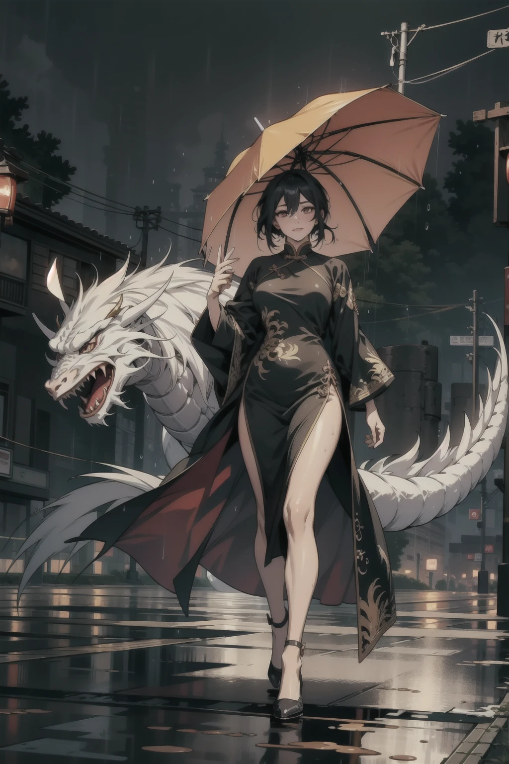 A magnificent Chinese dragon fused perfectly with a young woman, their shapes intertwine as she walks through the rain-soaked and dimly lit street. The dragon's scales shone with a soft glow, casting a captivating light on the wet pavement below