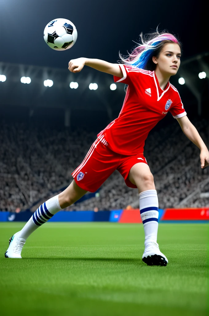 1girl, playing soccer, real madrid uniform, photorealistic, highly detailed, cinematic lighting, dynamic action pose, grass field background, soccer ball, intense expression, ultra detailed facial features, beautiful intricate uniform design, vibrant colors, hyper realistic texture, dramatic shadows and highlights, masterpiece