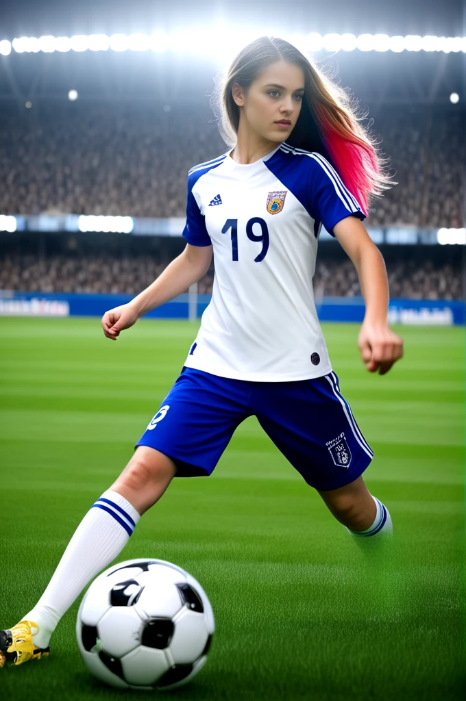 1girl, playing soccer, real madrid uniform, photorealistic, highly detailed, cinematic lighting, dynamic action pose, grass field background, soccer ball, intense expression, ultra detailed facial features, beautiful intricate uniform design, vibrant colors, hyper realistic texture, dramatic shadows and highlights, masterpiece