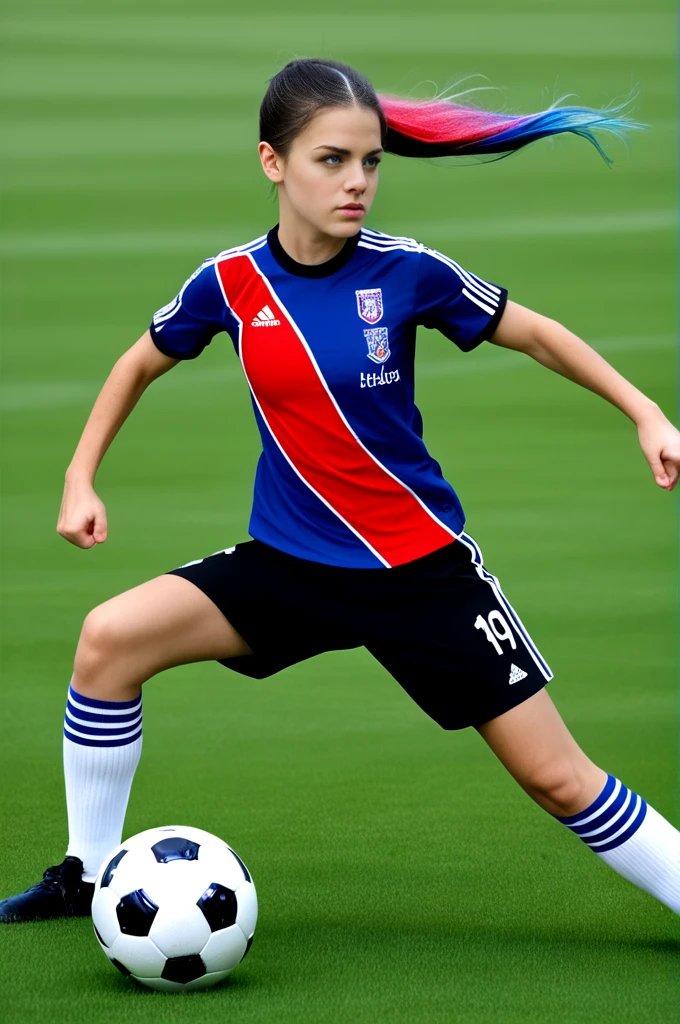 1girl, playing soccer, real madrid uniform, photorealistic, highly detailed, cinematic lighting, dynamic action pose, grass field background, soccer ball, intense expression, ultra detailed facial features, beautiful intricate uniform design, vibrant colors, hyper realistic texture, dramatic shadows and highlights, masterpiece