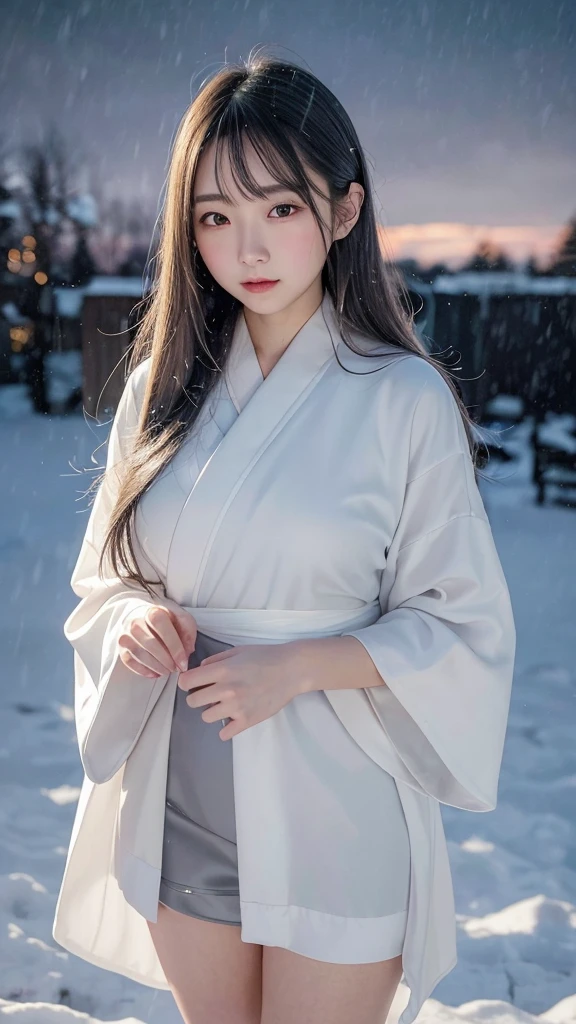 Delicate and dainty young woman with long glossy grey hair. She is wearing a white only short thigh-baring kimono. The background is a fantastic and ethereal night sky with a heavy snowstorm in the snow. atmospheric. .