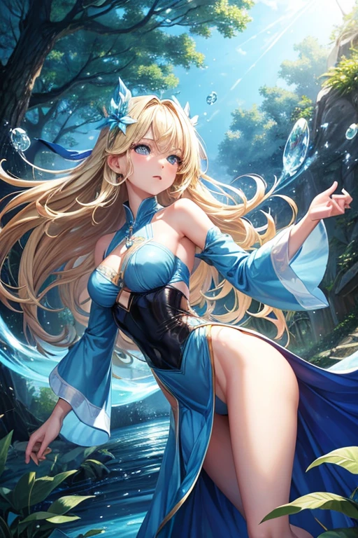 Blonde hair and blue eyes　Long Hair　Elf　Big Breasts　naked　Wet　in the forest　Erotic　Constraints　Hands tied　Light blue leotard　Embarrassing　Wet　black tights　Erotic