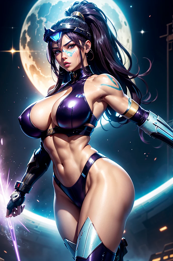 A perfect sexy, delicious and beautiful, Lush and very young extremely erotic android, strong cybernetic warrior with black African and oriental features, Japanese and Chinese, Soft Face, sexy e angelical, very sexy open mouth, mixed with the clone of the Greek warrior goddess Athena, with huge super ultra mega giant breasts, Brunetette, big plump and thick lips, extremely thin waist, very tanned and sweaty, HUGE big ASS, steep, HARD AND MUSCULOUS, Purple colored eyes, with barcode tattoos, transformed into an erotic and super sensual and extremely super ULTRA HIPER mega muscular astronaut goddess, fitness, bodybuilder, fit bodybuilder and weightlifter, very muscular thighs and super muscular abdomen, wearing very short hair in punk style, super radical and purple and very smooth in locks, wearing sexy cyberpunk battle outfits, seen in the form of a hologram made only of light energy, coastal view, administrator and leader, noble queen goddess of a gigantic fleet of thousands of spaceships and hundreds of planets of her powerful stellar empire running courageously across the bridge of a star cruiser wearing a holographic helmet in the Corinthian battle format and with visor and horsehair topknot, of luminous Athenian warrior, electronic and futuristic posing extremely sexy, floating in space with rays and lights in the background