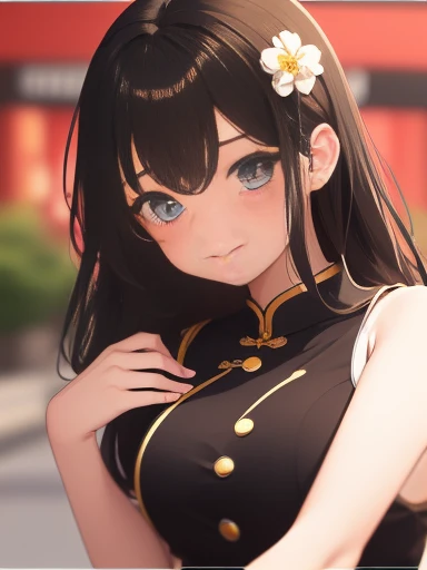 a teenage girl、(Masterpiece artwork:1.4)、(in 8K、realisitic、CRU photo、Maximum quality:1.4)、(real face:1.4)、(real looking skin:1.3)、超High resolution、Um hiper-realisitic、Eyes in beautiful detail、medium brown hair、Floral hair ornament、ear nipple ring、cheongsam rosa、dancer、high detaild、(Huge breasted:1.5)、choker、blushful、look embarrassed、attractive face、Esbian full body、chinese style garden , artificial intelligence where is the image resolution in HD 8k???????